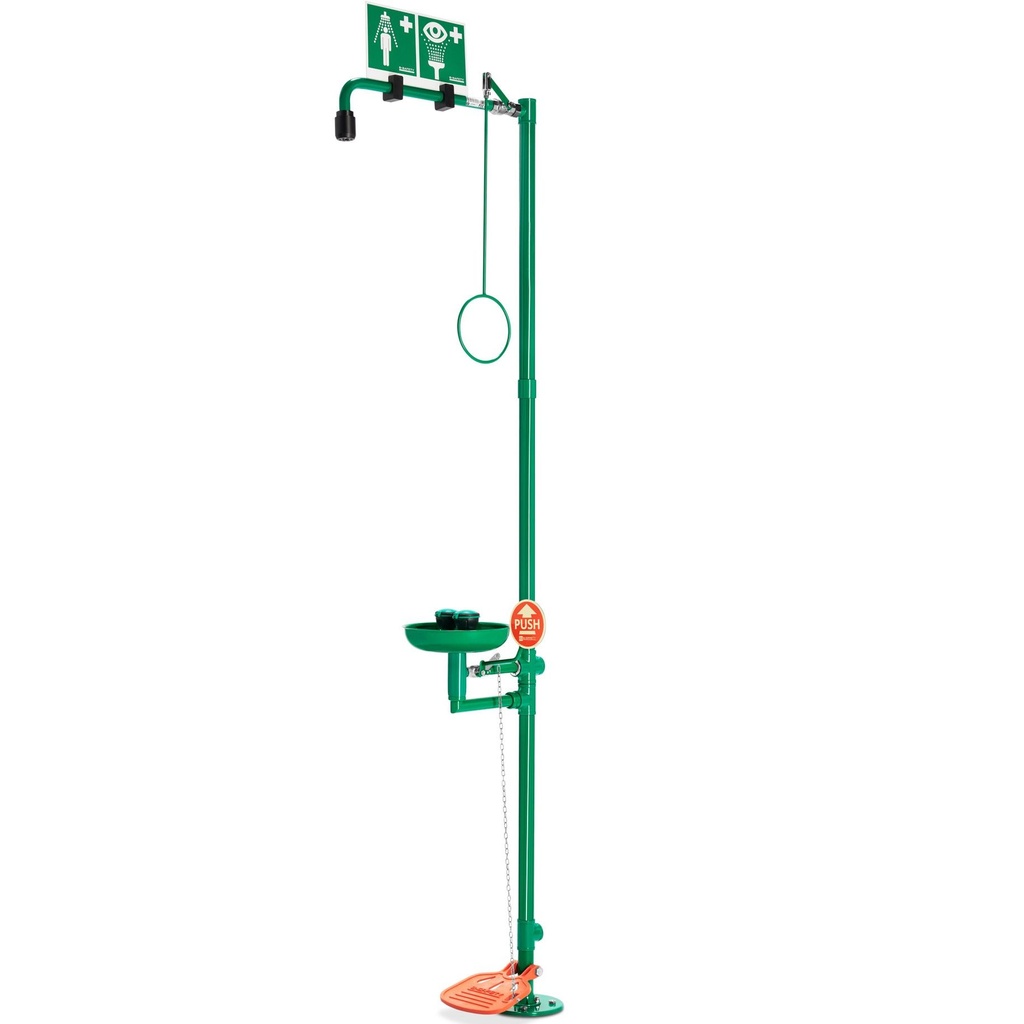ClassicLine body safety shower with eye shower with bowl, draining of the eye shower over the stand pipe, Hand/O Shower and Eyewash