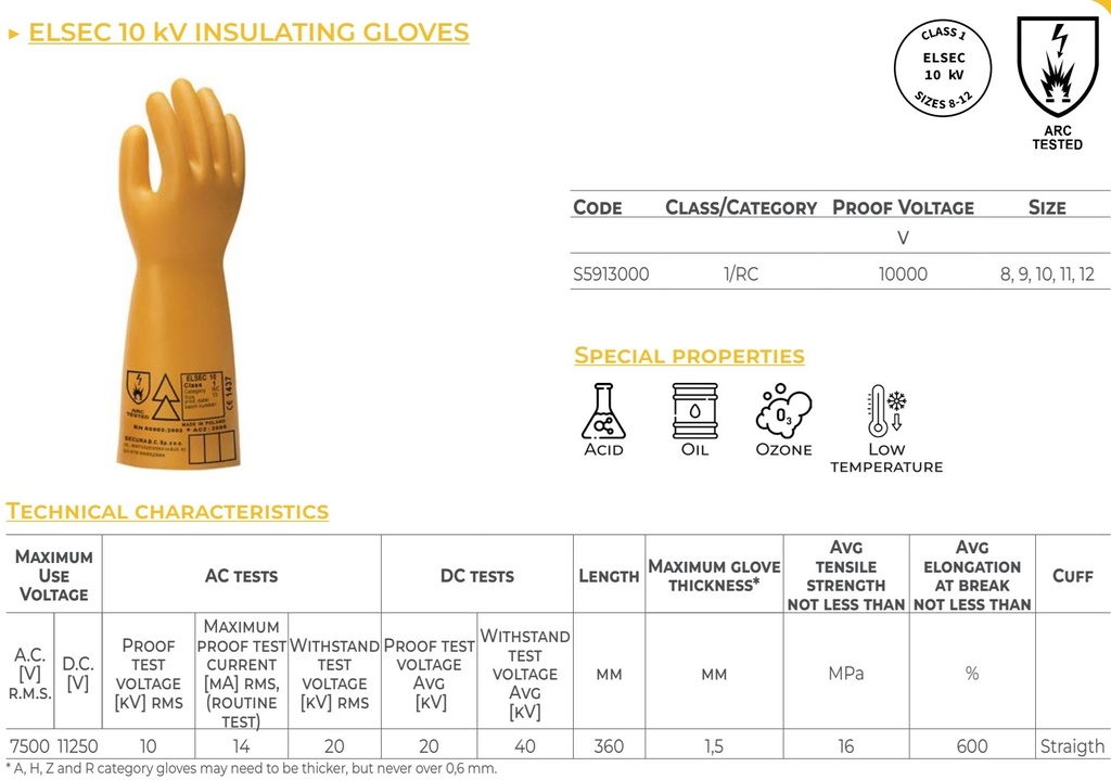 ELSEC 10 Arc Insulating natural rubber gloves class 1/RC (7,500 V), Arc Tested