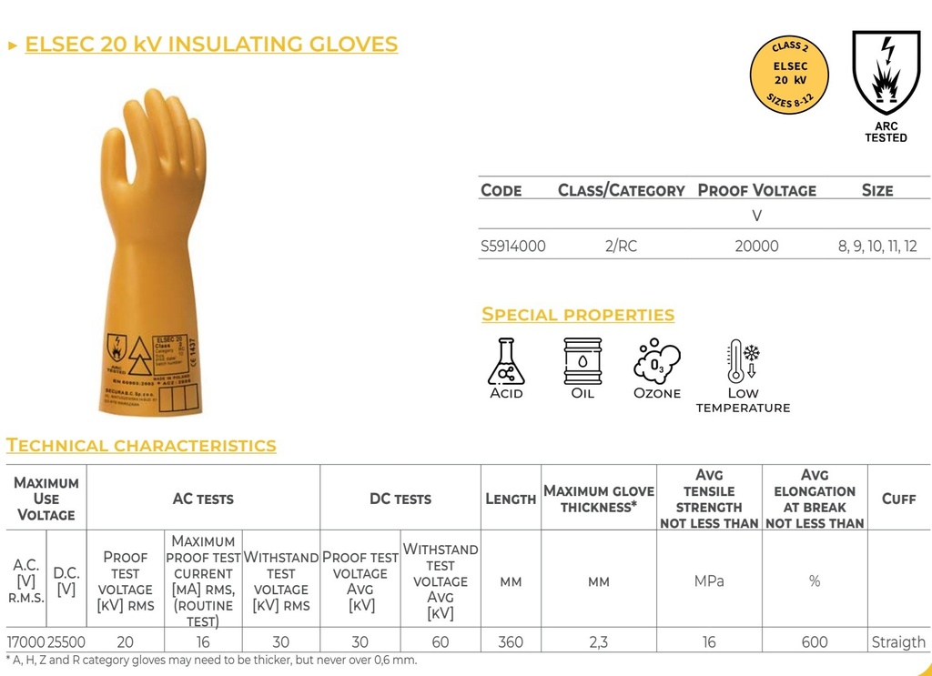 ELSEC 20 Arc Insulating natural rubber gloves class 2/RC (17,000 V), Arc Tested